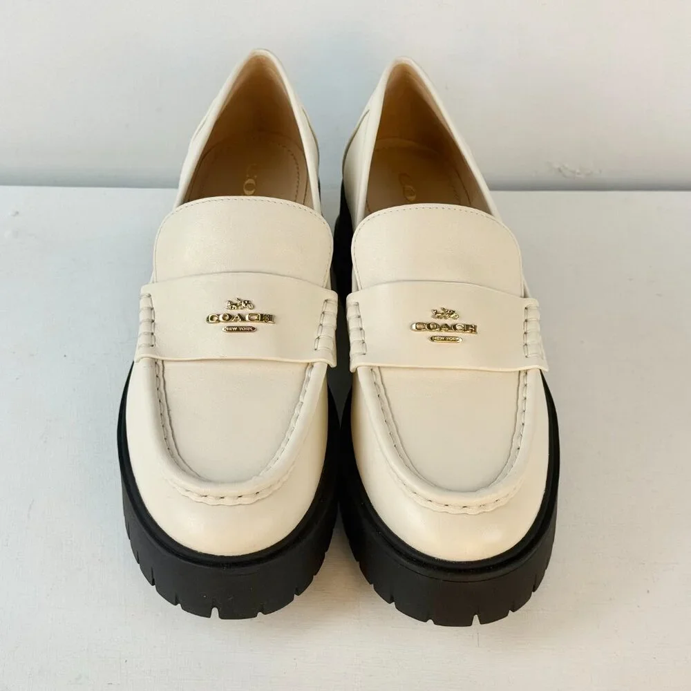 Women's 8.5 -COACH Ruthie Platform Loafer Chalk Leather Slip on with Logo Accent